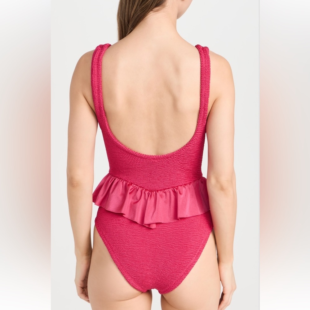 New Hunza G Denise Frill Swimsuit Metallic Crinkle One Piece  Pink Raspberry - Picture 6 of 8